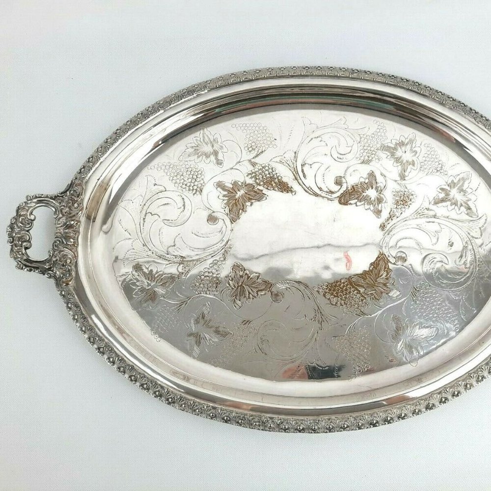 ANTIQUE ELKINGTON CO ELECTRO BUTLER'S TRAY 26" OVAL HANDLED ETCHED